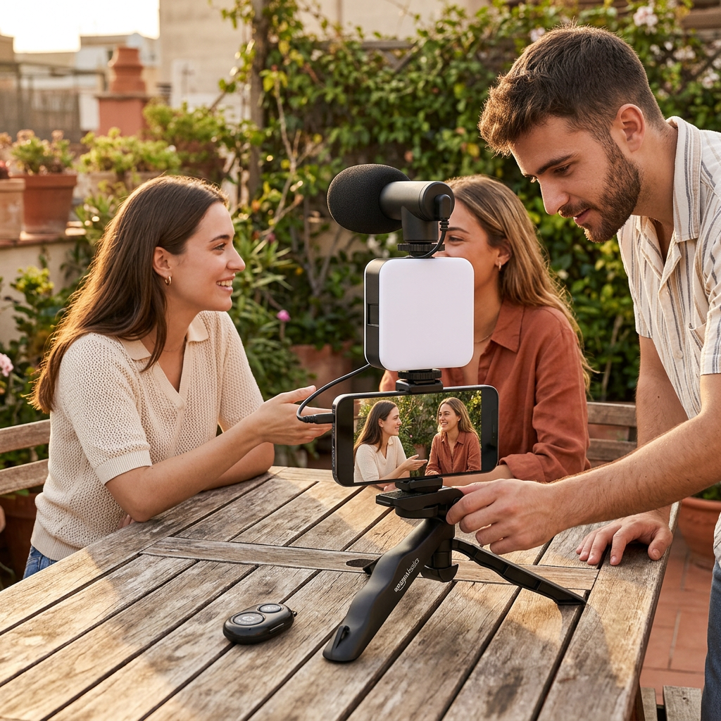 Jóvenes adultos grabando contenido en una terraza con un kit de trípode, luz LED y micrófono