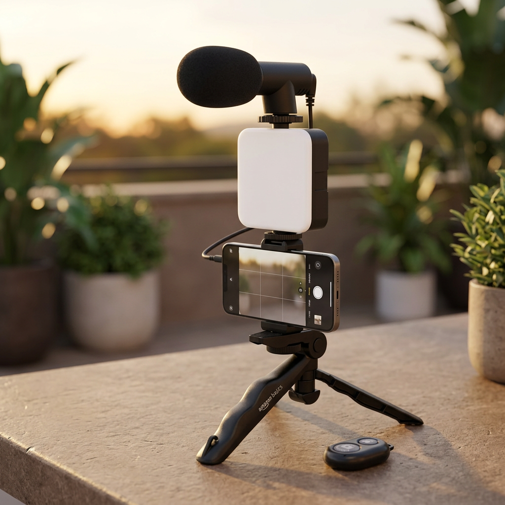 Kit con trípode, micrófono, luz LED y control sobre una mesa de terraza; celular mostrado como ejemplo de uso