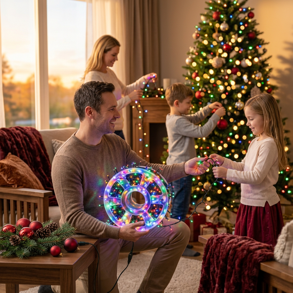 Carrete de luces LED multicolor en una consola de madera con decoración navideña