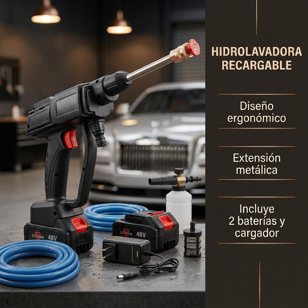 Hidrolavadora negra y roja con mangueras azules, botella con boquilla, baterías y cargador en un garaje moderno