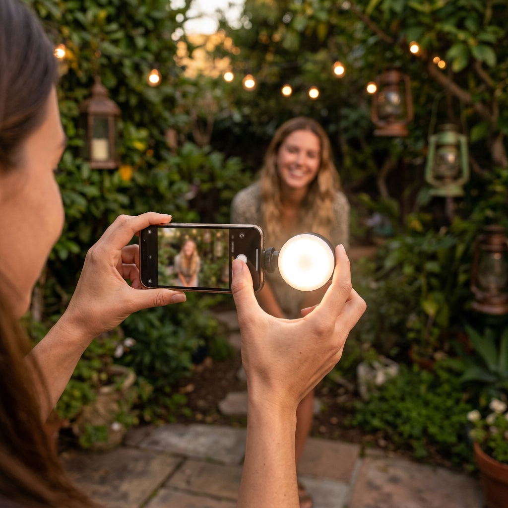 Luz LED portátil para celular utilizada para fotografiar un retrato en un jardín al atardecer