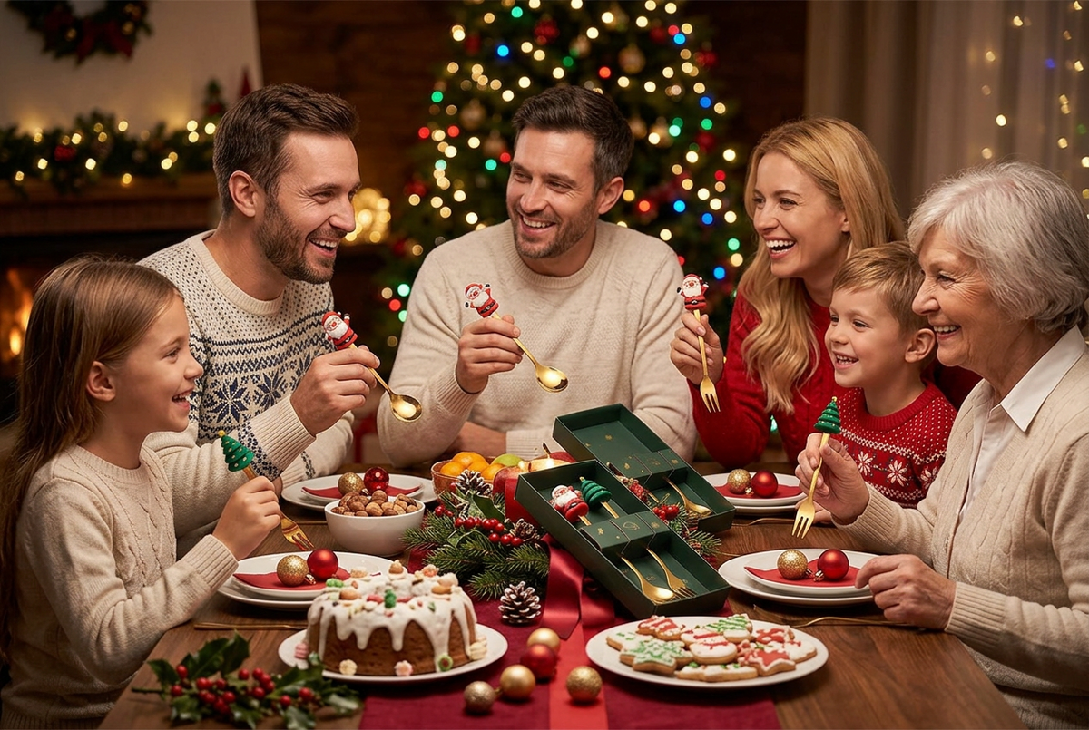 Set navideño de cuchara y tenedor dorados en caja verde con decoración borgoña y dorada