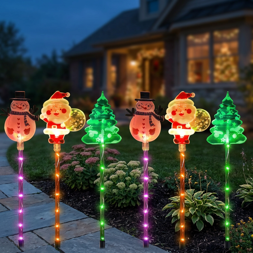 Luces solares navideñas con figuras de muñeco de nieve, Santa Claus y árbol en un jardín al atardecer