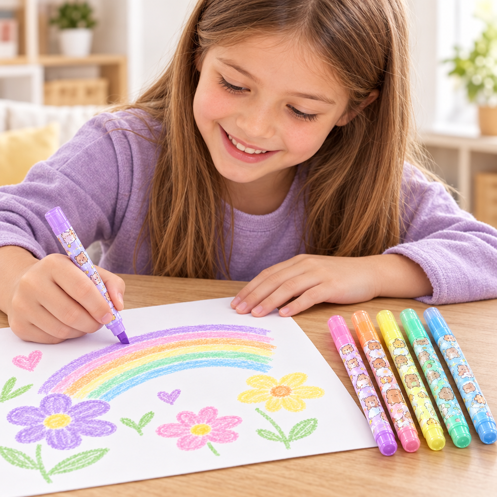 Niña coloreando con resaltadores pastel
