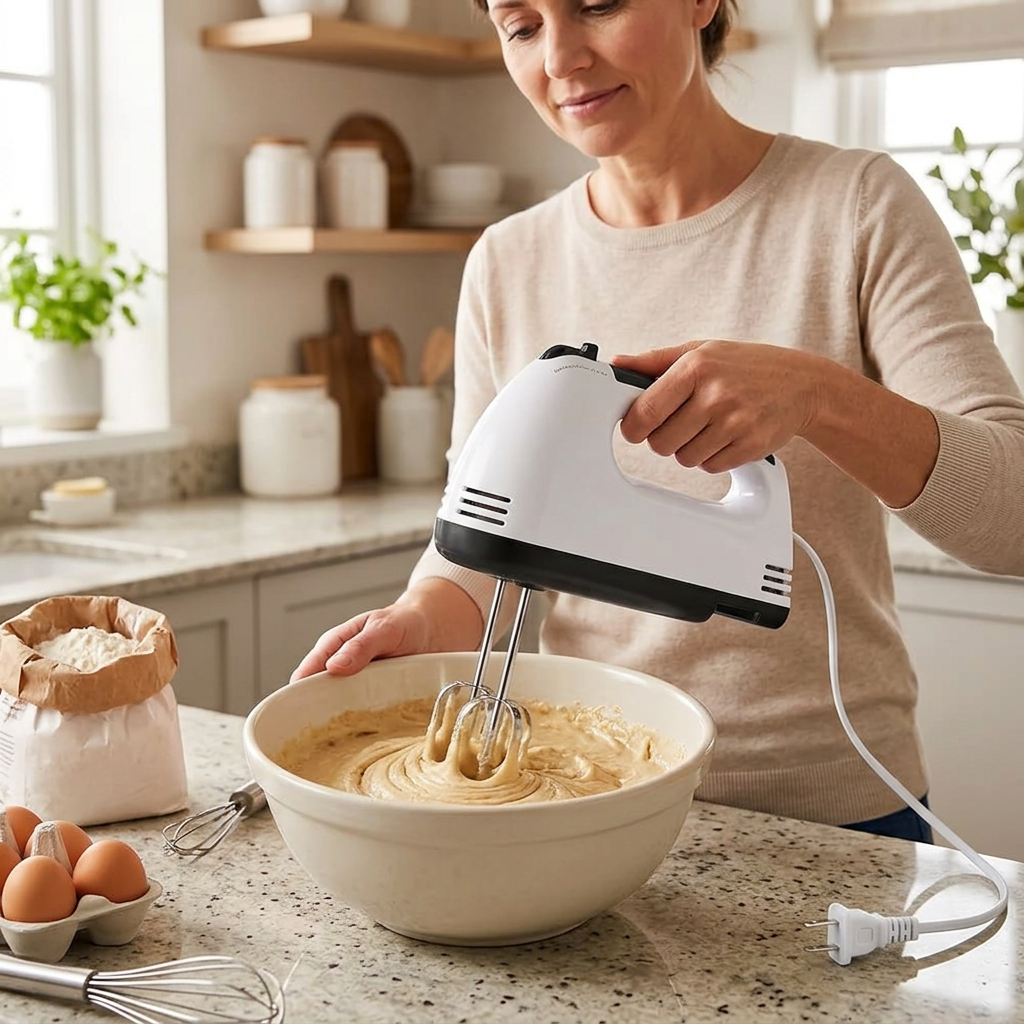 Persona usando la batidora de mano en una cocina